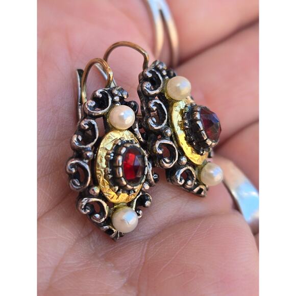 1900s German Red Pyrope Garnet, 585 GOLD, 800 Silver, Pearl Biedermeier Earrings - Picture 7 of 10